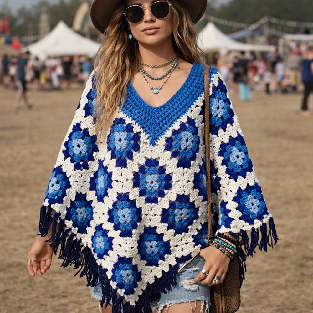 Vintage 70s Blue Granny Square Crochet Poncho Boho Fringe Handmade